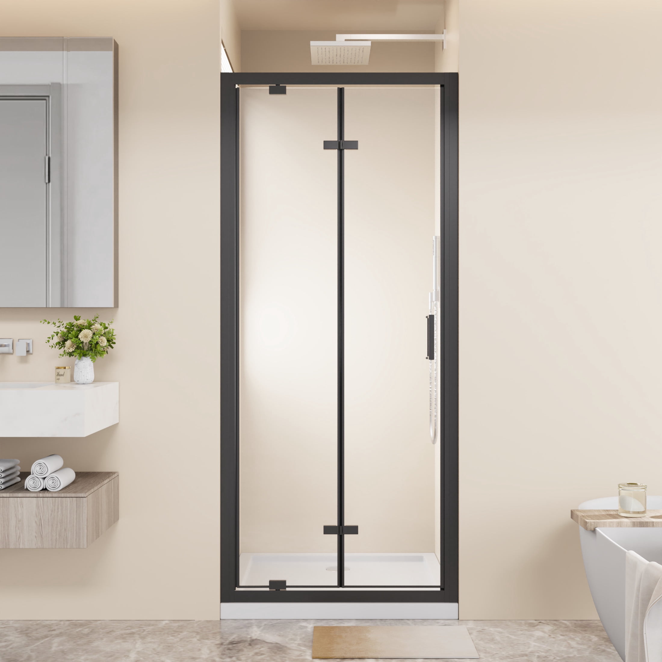 Noble House 32" x 72" Framed Bi-fold Pivot Shower Door, Clear Tempered Glass Space-Saving Folding Door, Matt Black