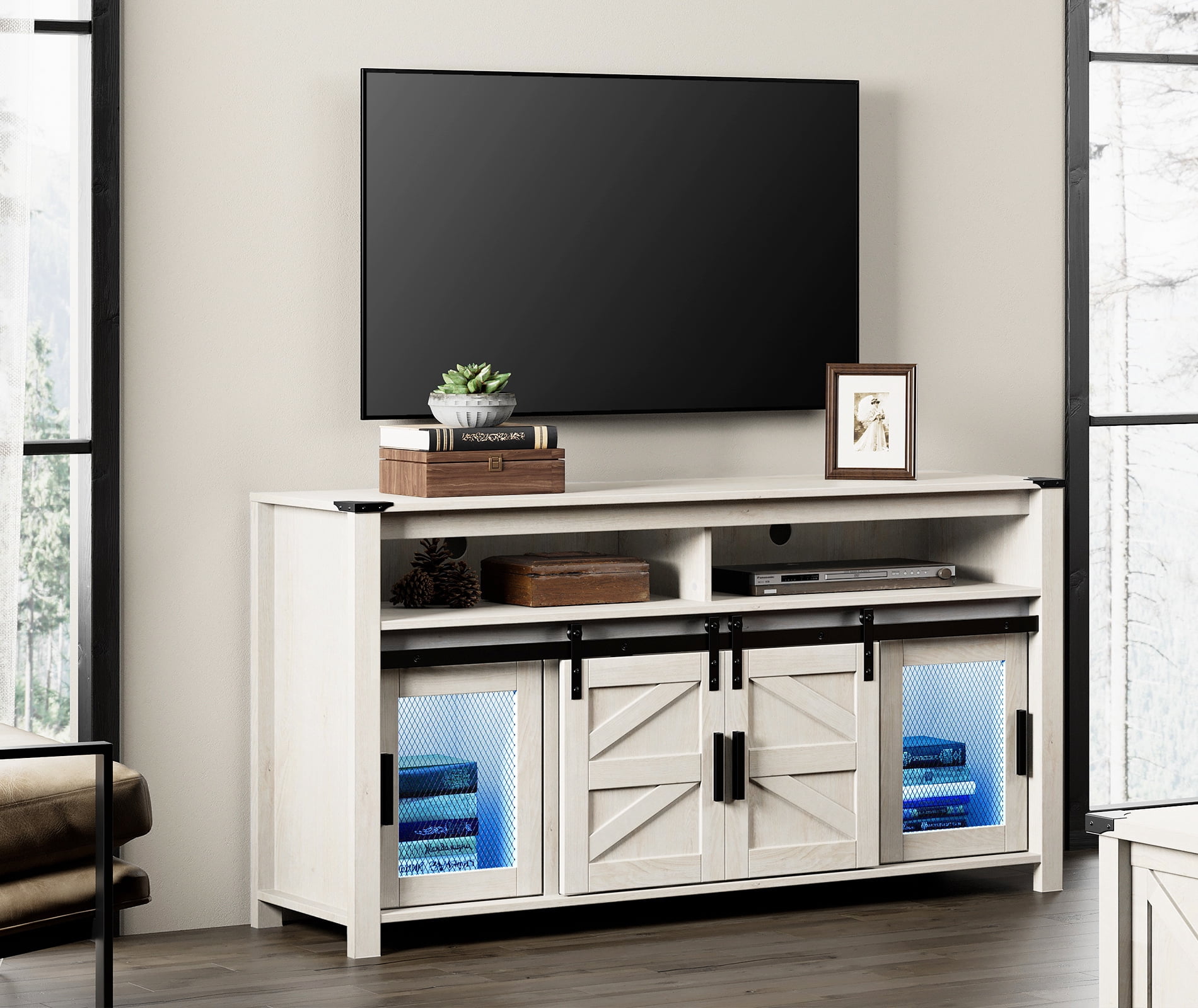 Farmhouse Barn Door TV Stand with Blue LED Lights Strips for TVs up to 65", Antique White Entertainment Center with Adjustable Shelf for Living Room, Bedroom