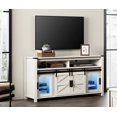 thumbnail image 3 of Farmhouse Barn Door TV Stand with Blue LED Lights Strips for TVs up to 65", Antique White Entertainment Center with Adjustable Shelf for Living Room, Bedroom, 3 of 9