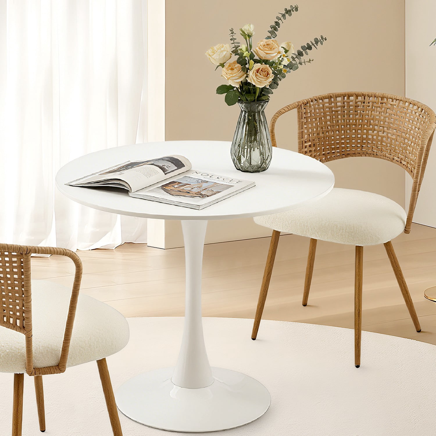 31.5" Round Dining Table, Modern White Tulip Base Table with MDF Top & Matte Iron Pedestal, Mid Century Kitchen Table, Small Space Coffee Table for Living Room, Apartment & Home Office