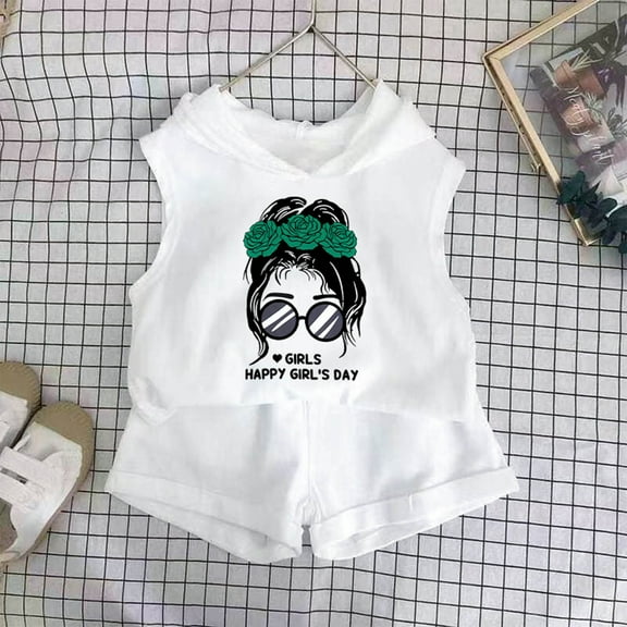 ATOGUTA Back To School Outfits for Girls 2T-8 Summer Hooded Set Printed Sleeveless Top Elastic Waist Shorts Two-Piece Set