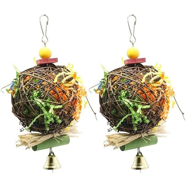 Paquete de 2 juguetes para masticar pájaros, juguete triturador de forraje, jaula para loros, juguete triturador, juguete colgante para forraje para Amazon gris africano