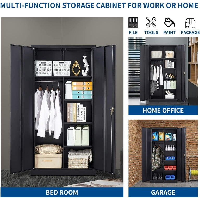 Steel Wardrobe 72 H x 17.7D x 35.4W Combination Storage Cabinet with  Clothes Rod and 4 Shelves 2 Lockable Doors