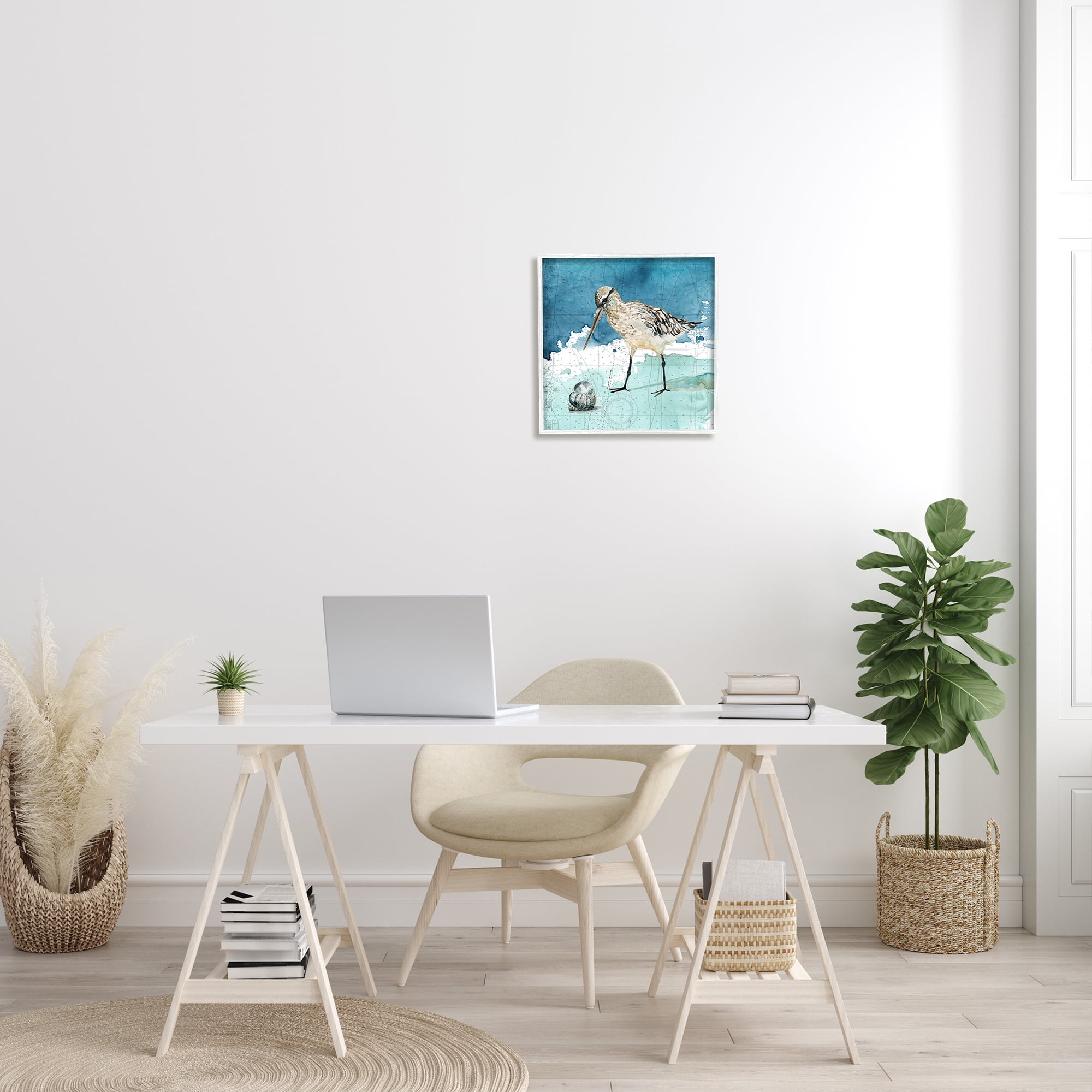 Beach Bird Round Shell Blue Ocean Coastal Map Animals & Insects Framed Art Print Wall Art, 17x17