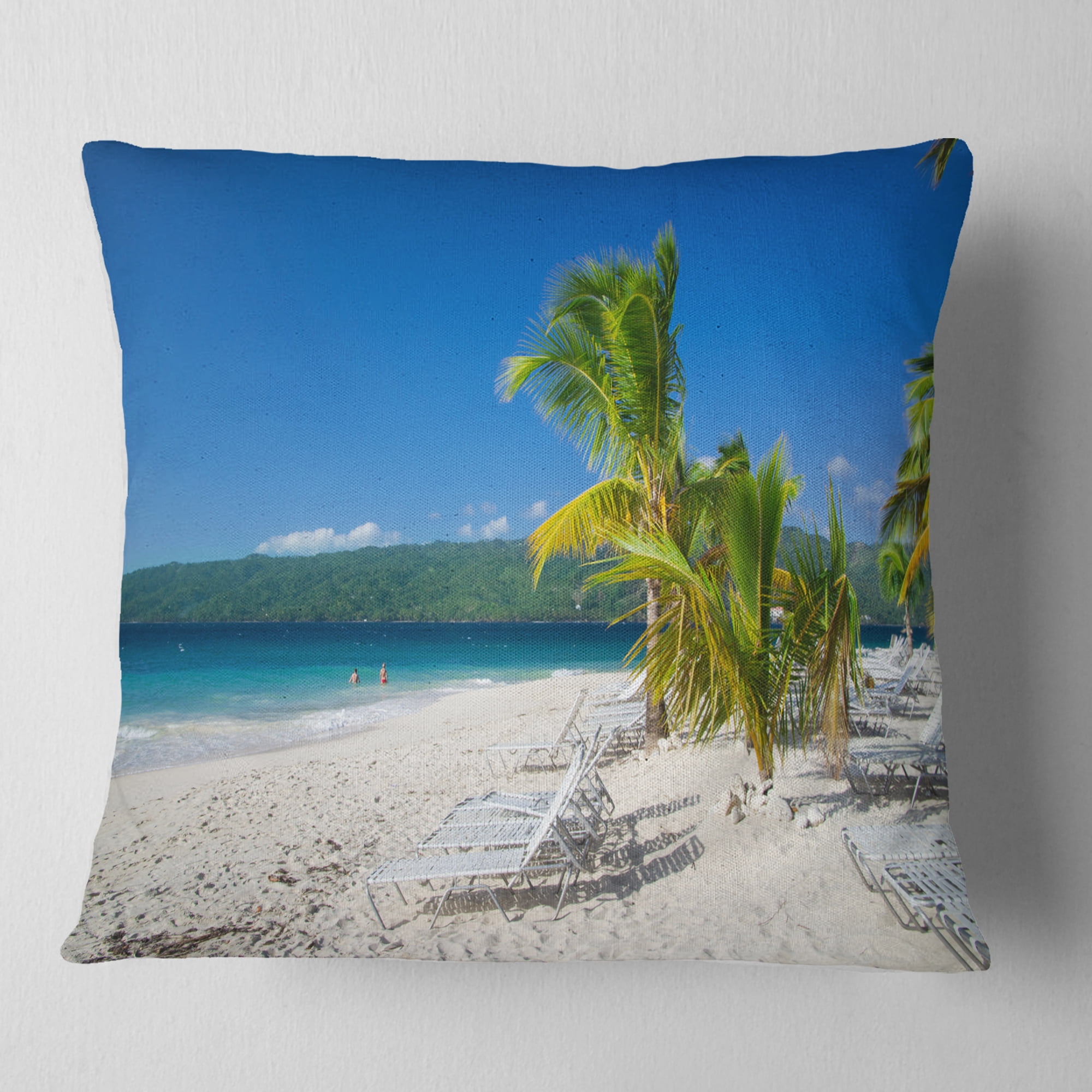 Designart Beach Coconut Palms in Wind - Seashore Photo Throw Pillow - 16x16
