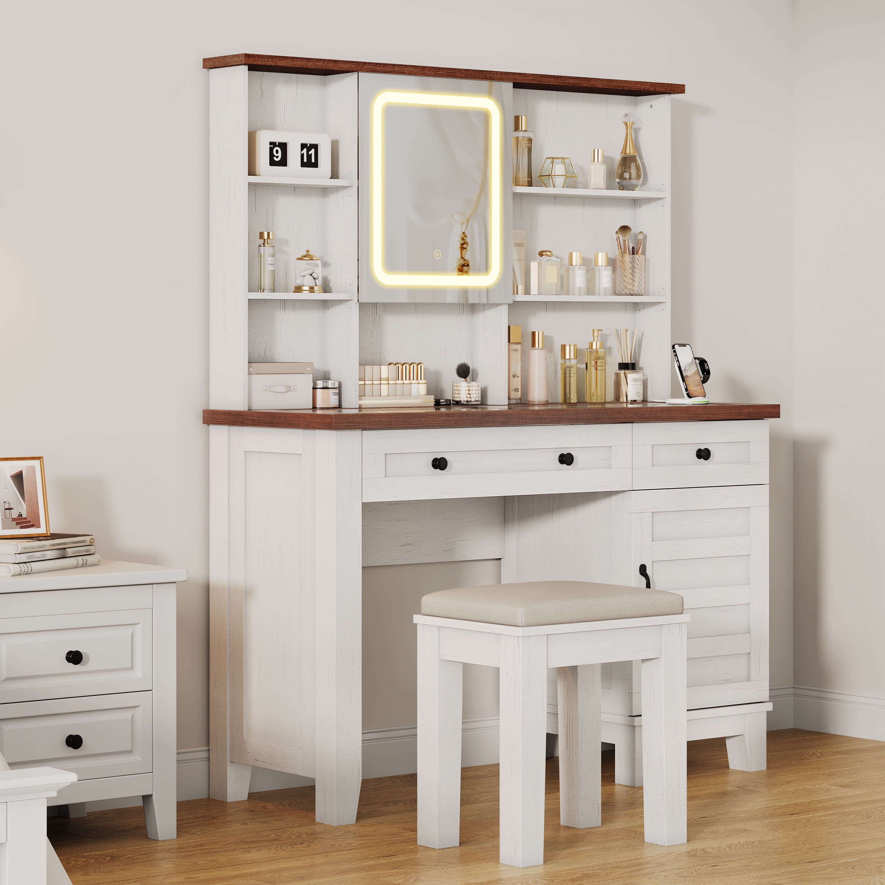 42'' Farmhouse Makeup Vanity Desk with Lighted Mirror, Glass Top, Charging Station, Storage Drawers & Cabinet, Upholstered Stool – Bedroom or Dressing Room – Brown and White