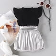 thumbnail image 5 of WRKEKC Girls 2 piece Outfits Summer Set Solid Color Ruffle Sleeve Ribbed Top & Metallic Mini Skirt with Bowknot for Girls 6 Months-3 Years, 5 of 9