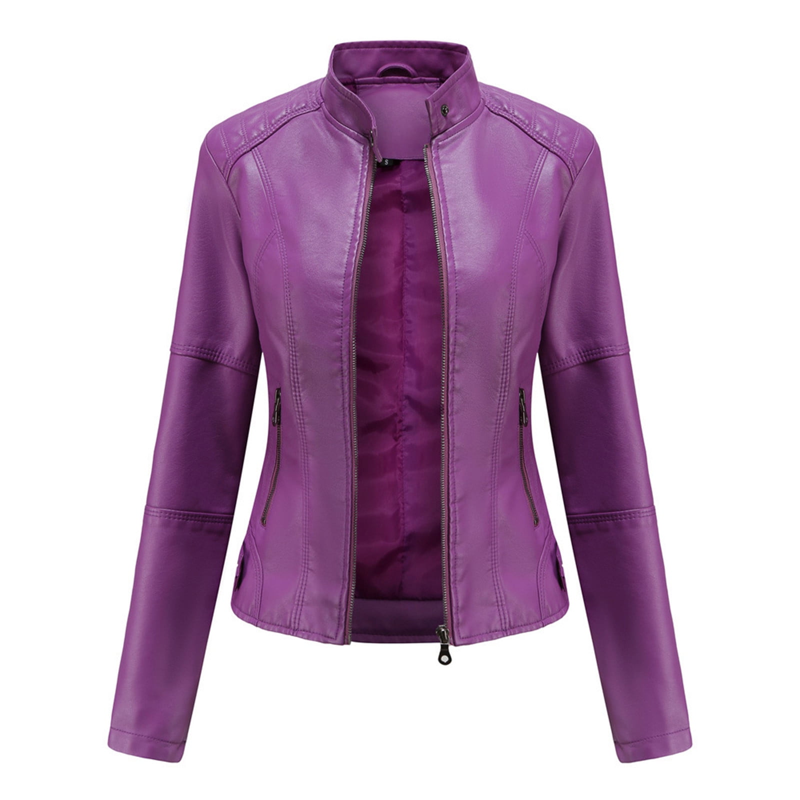 YOIAVAIOY Womens Faux Leather Cropped Jackets Long Sleeve Zip Up PU Moto Jacket Slim Biker Coat with Pockets Purple XL