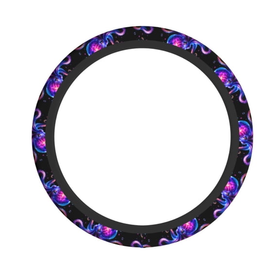 Neon Octopus Bioluminescent Art Neoprene Steering Wheel Cover, Stretchable Non-Slip Grip Protector, Universal Fit for Cars SUVs Trucks