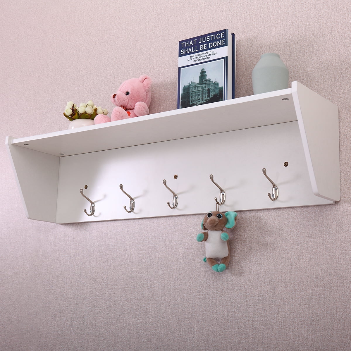 Kepooman 37" Wall Storage Shelf with Hooks, Wall Mount Shelf Rack Organizer for Living Room Hallway Entryway - White Kepooman 37" Wall Storage Shelf with Hooks, Wall Mount Shelf Rack Organizer for Living Room Hallway Entryway - White