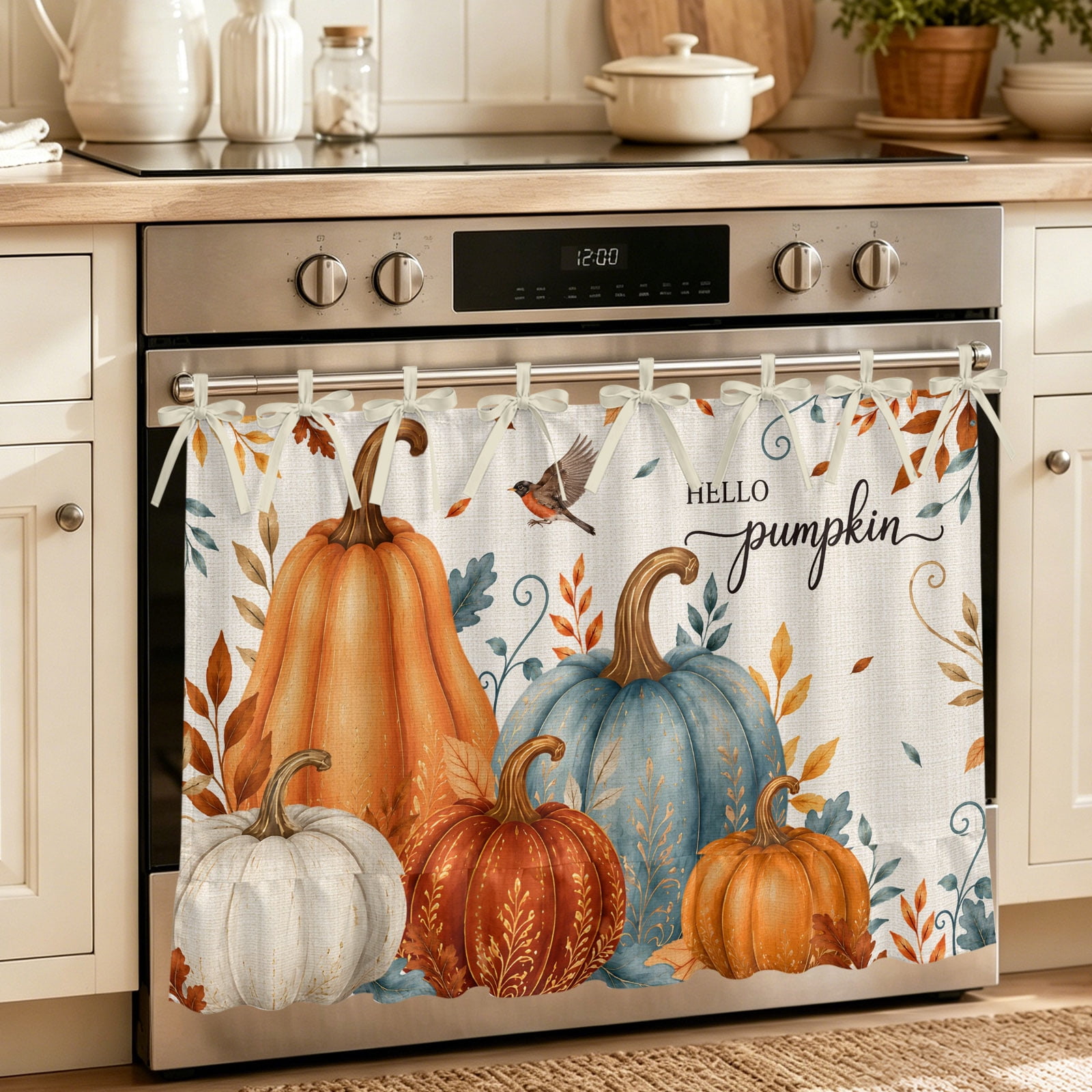 Oven Curtain for Kitchen Thanksgiving HELLO Pumpkins Stove Curtain With Ruffled Trim Dishwasher Curtains Pastoral Fall Leaves Oven Skirt 32 x24