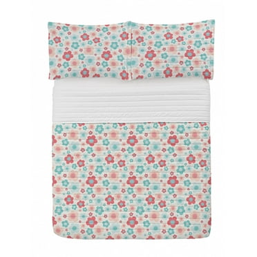 Floral Microfiber Bedspread Set, Continuous Spring Pattern with Pastel Toned Petals and Dots Botany, Soft Bedding Set with Pillow Shams & Comforter, 3 Sizes, White Multicolor, by Ambesonne