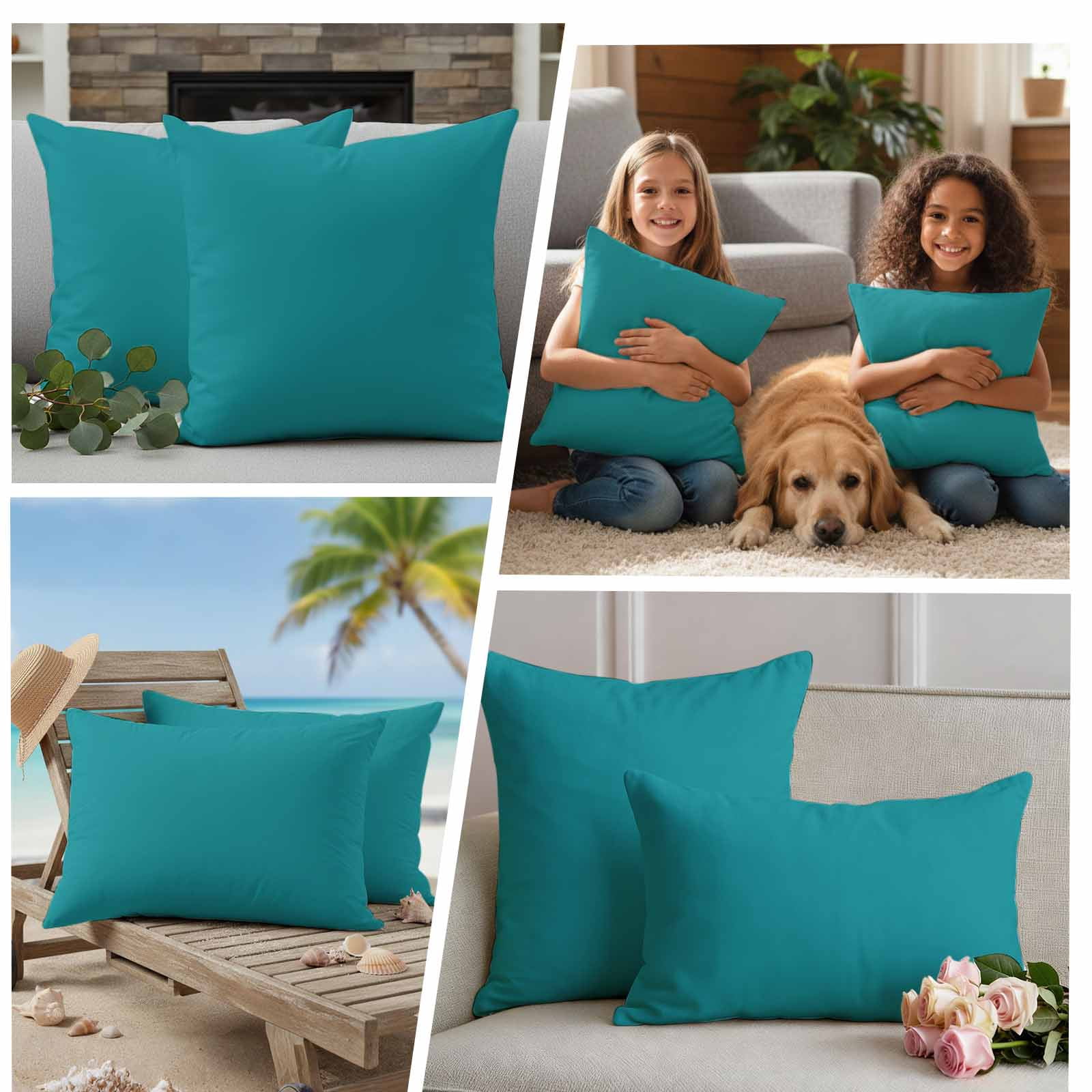 Teal Outdoor Pillow Covers Set of 2 Solid Color Waterproof Throw Pillow Cover Decorative Cushion Cases for Patio Porch Garden 24X24 Inch