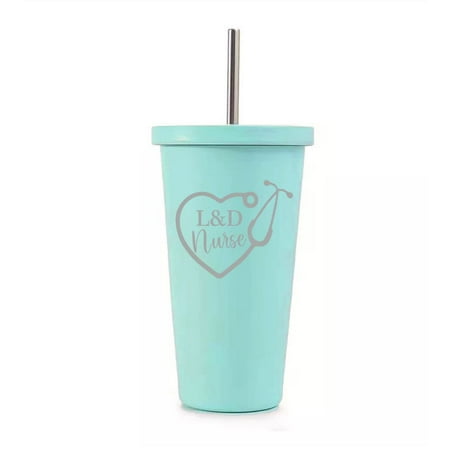 

16 oz Stainless Steel Double Wall Insulated Tumbler Pool Beach Cup Travel Mug With Straw Heart Stethoscope L&D Nurse Labor Delivery (Teal)