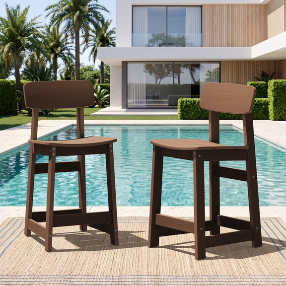 SERWALL Outdoor Bar Stools with Back Set of 2, HDPE Patio Counter Height Bar Stools with Footrest, Adirondack Outdoor Barstools for Garden, Backyard, Poolside, Balcony - Brown