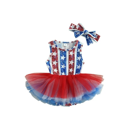 

Arvbitana 2Pcs Infant Baby Girl 4th of July Romper Dress Outfit Summer Sleeveless Star Print Short Tulle Dress with Crotch Buttons + Headband Independence Day 0M 6M 12M 18M 24M