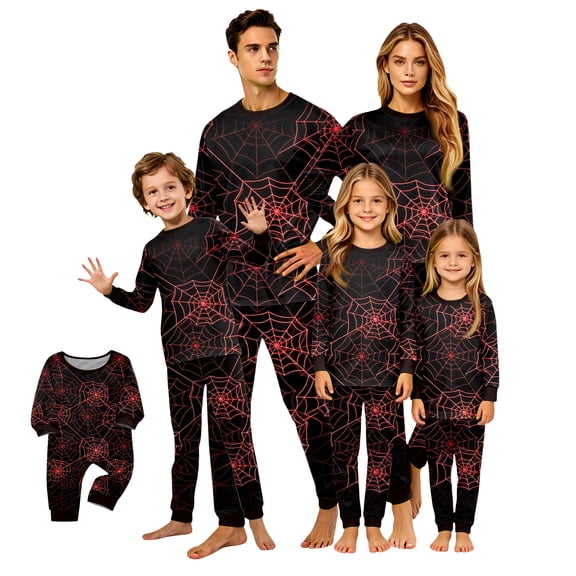 Onlypjs Family Halloween Pajamas Matching Sets Allover Red Spiderweb 2 Piece Sleepwear Loungewear for Couples Adults