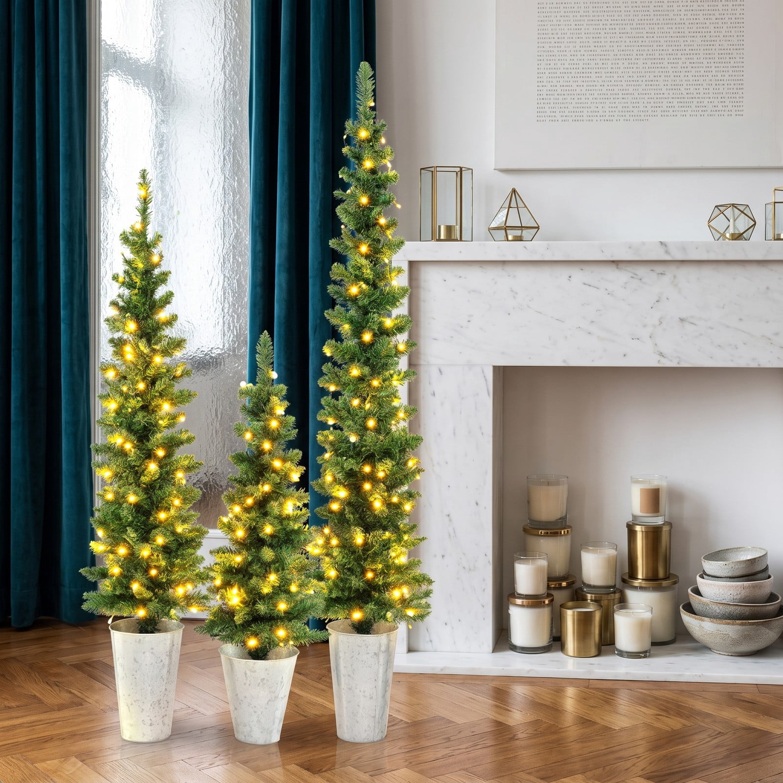 RUIE Set of 3 Pre-Lit Artificial Christmas Trees, 3 FT Tabletop Xmas Trees with 230 Warm White LED Lights, Auto Timer, Weighted Metal Base, PVC Holiday Decor, Green
