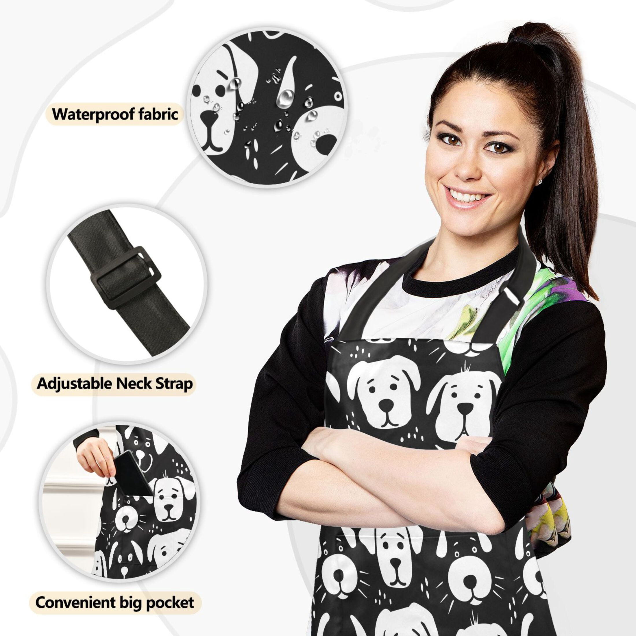 5 Pcs Kitchen Set Heat Resistant Oven Mitts and Non-Slip Pot Holders with Adjustable Cooking Apron Black White Dog Face
