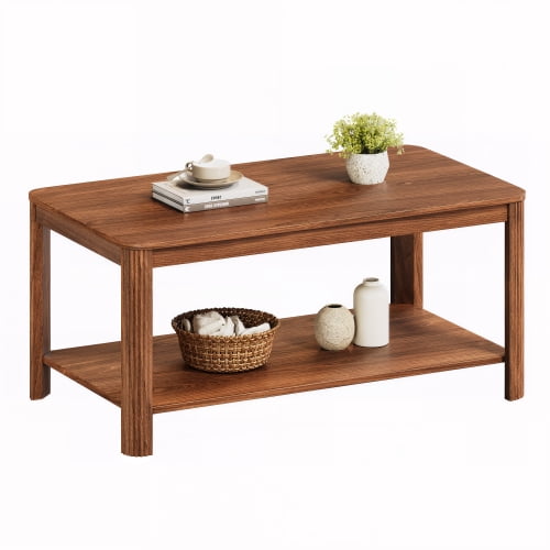 Arc Corner Wood 2-Tier Coffee Table with Storage Shelf-Vertical Wave Grain Legs, Walnut Modern Rectangle Accent Table for Living Room & Bedroom