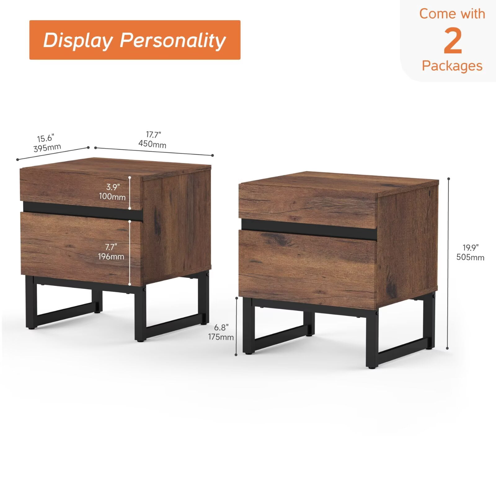 WAMPAT Queen Size Bed Frame with Adjustable Fabric Headboard & 2 Pack Nightstand Set, Wooden Slats Support, No Box Spring Needed, Modern Bedside Tables with Drawers, Grey & Brown