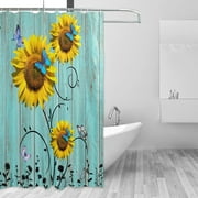 Bestwell Shower Curtain Backdrop Sunflower Butterfly Green Wooden Farm Bathroom Home Decor Set Fabric Bridal Polyester Washable Waterproof 12 Hooks 72x72 Inch