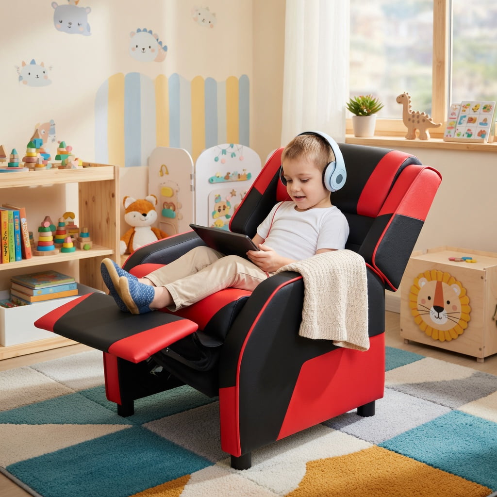Barara King Kids PU Leather Recliner Chair with Headrest and Footrest, Kids Gaming Sofa Recliner Chair for Living Room, Bedroom, Red