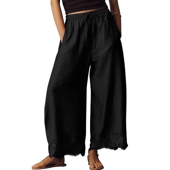 VV AVEORS Women'S Cropped Lace-Hem Pants Lace Trim Baggy Wide Leg Pants Casual Lounge Lightweight Flowy Palazzo Black L