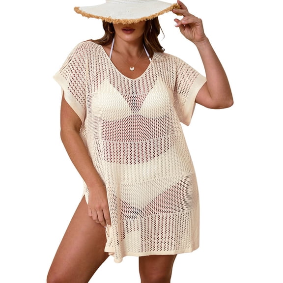 Drvitor Plus Size Swimsuit Cover Up for Women V-Neck Short Sleeve Crochet Tops Casual Loose Beach Swim Cover Up with Side Split