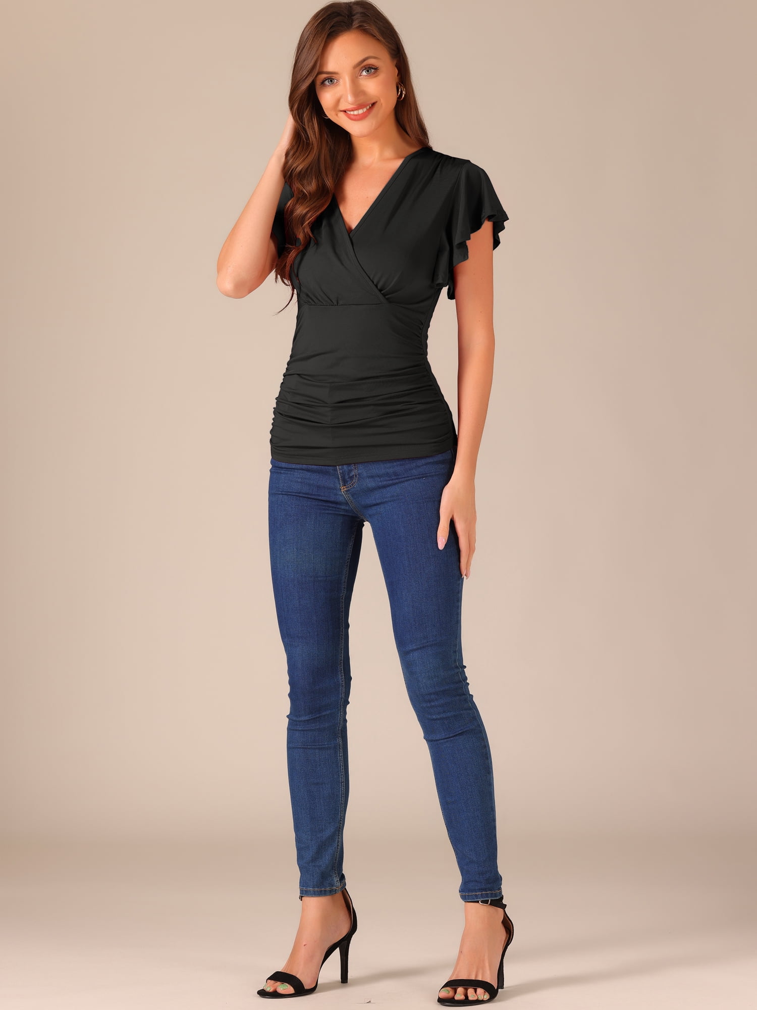 DARING DIVA Women's Stylish V Neck Cinched Waist Ruffle Sleeve Blouse S Black