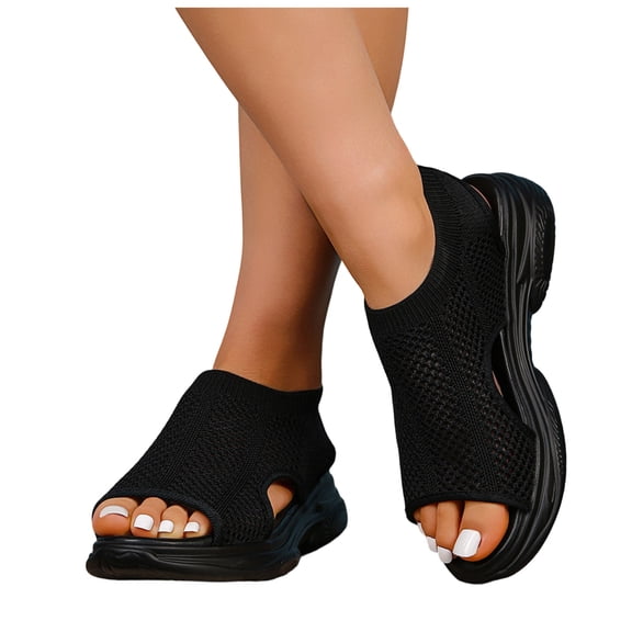 Rokment Women's Walking Sandals Lightweight Comfortable Mesh Cut-Out Open Toe Memory Foam Thick Sole Athletic Nursing Tennis Non Slip Work Sneakers Summer Shoes Black Size 6.5