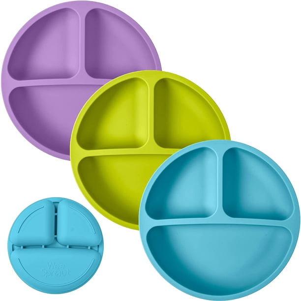 Plato divisor de silicona sin ventosa con tapa, plato de silicona 100% de grado alimenticio, plato divisor para niños pequeños, niños y comedores quisquillosos, apto para lavavajillas, apto para microondas, rosa brillante, morado y amarillo