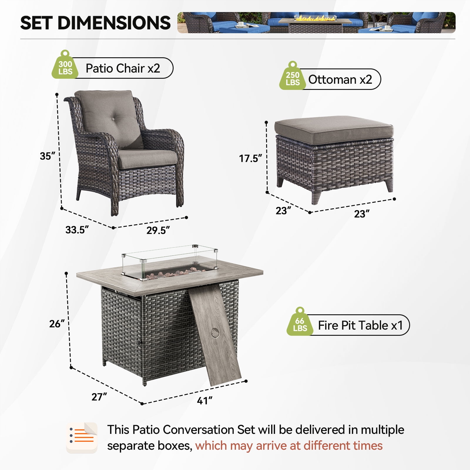 Gymojoy 5-Piece Outdoor Patio Furniture Set with Fire Pit Table - 2 Lounge Chairs, 2 Ottomans & 41" Rattan Fire Pit Table for Backyard, Garden, Poolside (Gray/Gray)