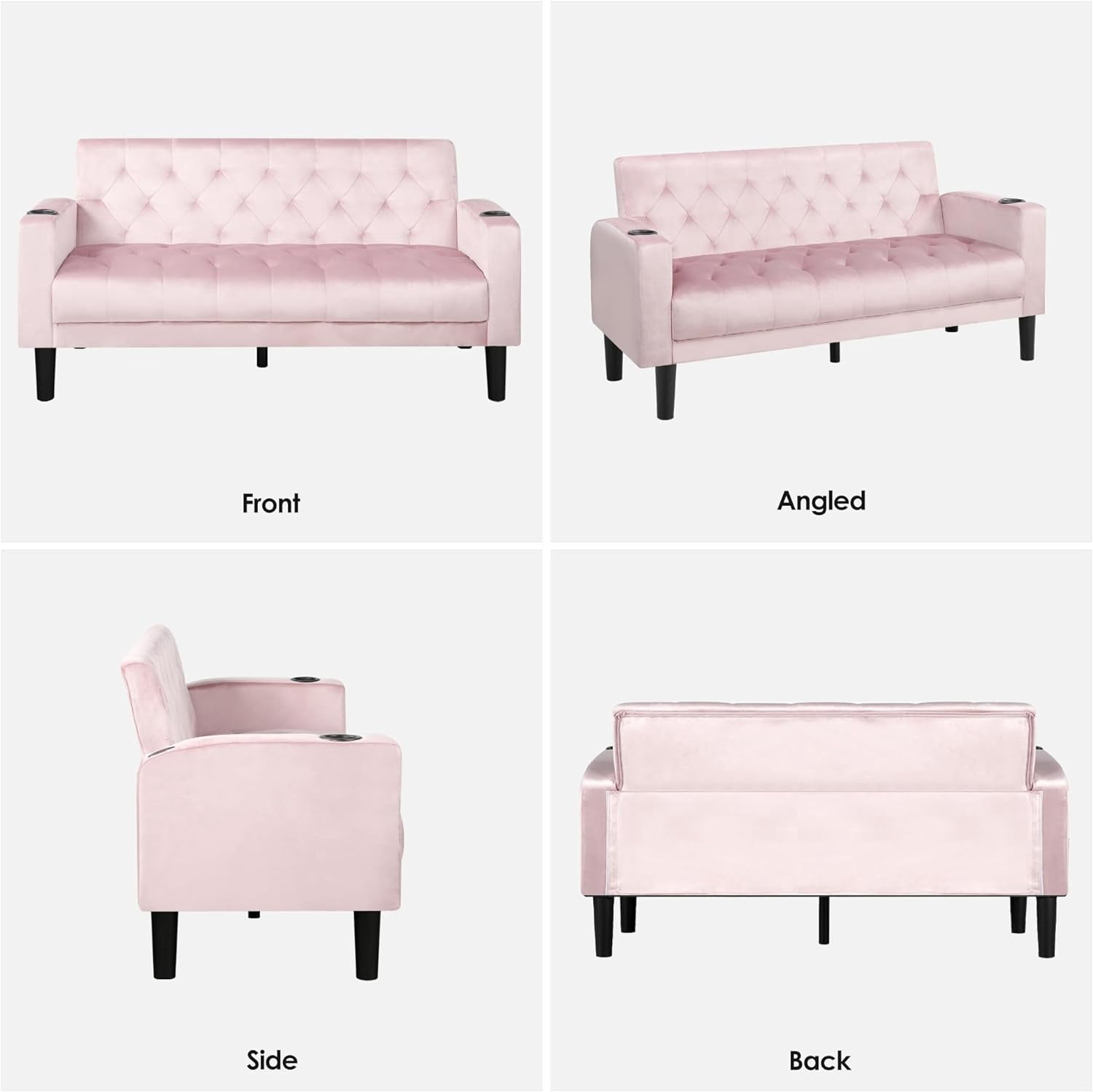 Coewske 62''W Tufted Linen Fabric Sofa Couch Loveseat w/ 2 USB Charger Ports & Cup Holders Pink