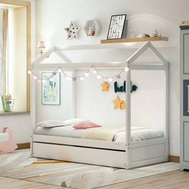 Twin House Bed Daybed with Trundle for Kids, Wooden Twin Bed Frame Playhouse Bed with Roof, Can be Decorated, No Box Spring Needed, for Boys Girls Bedroom Furniture, White