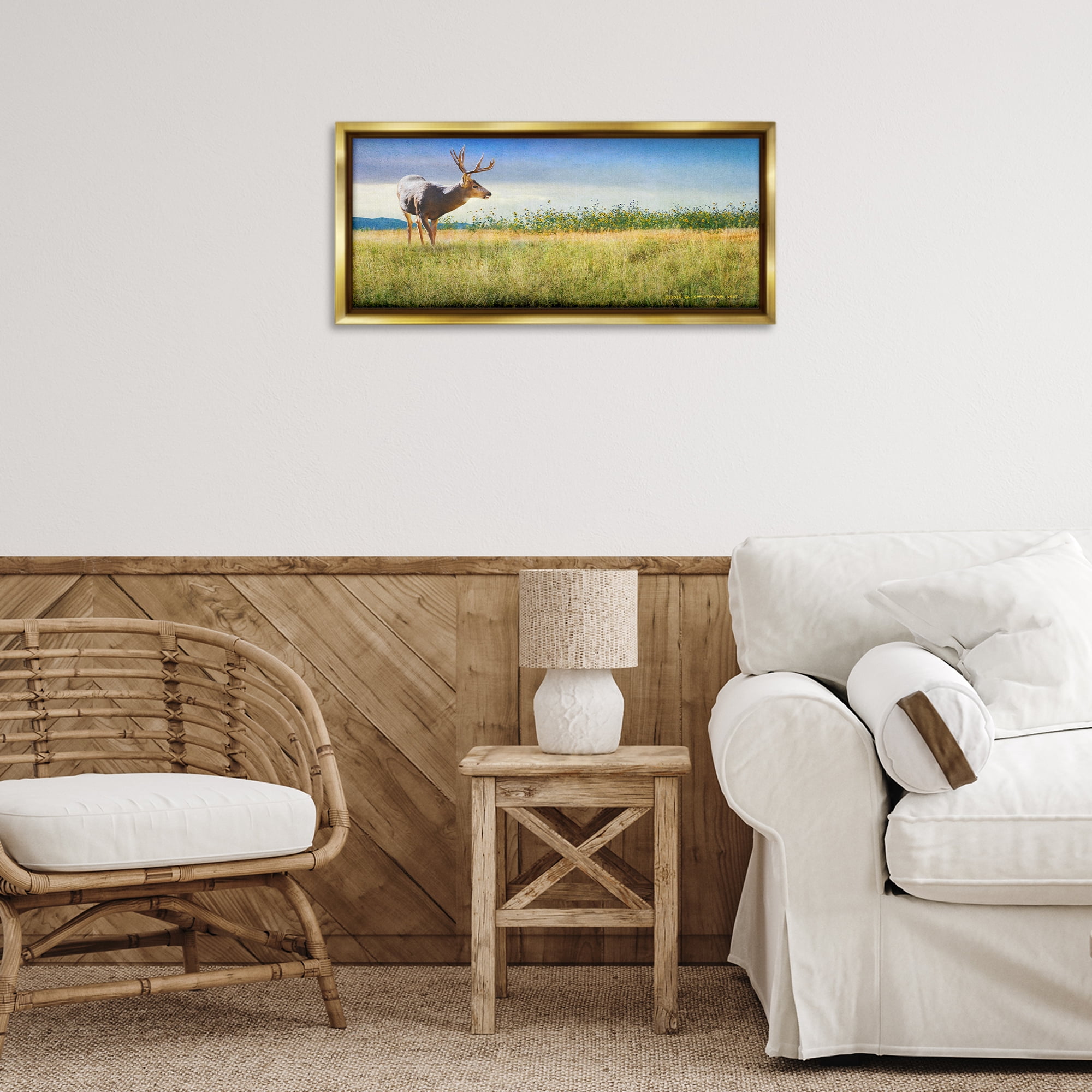 Stupell Industries Buck Deer in Field Landscape & Nature Photography Gold Floater Framed Canvas Art Print Wall Art, 25 x 11