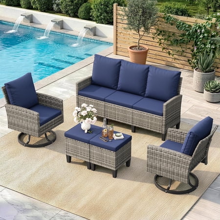 ELPOSUN Outdoor Patio Furniture Set 5 Pieces All-Weather Wicker Rattan Outdoor Patio Conversation Set with Swivel Chairs and ottomans for Garden Poolside Backyard Gray&Blue