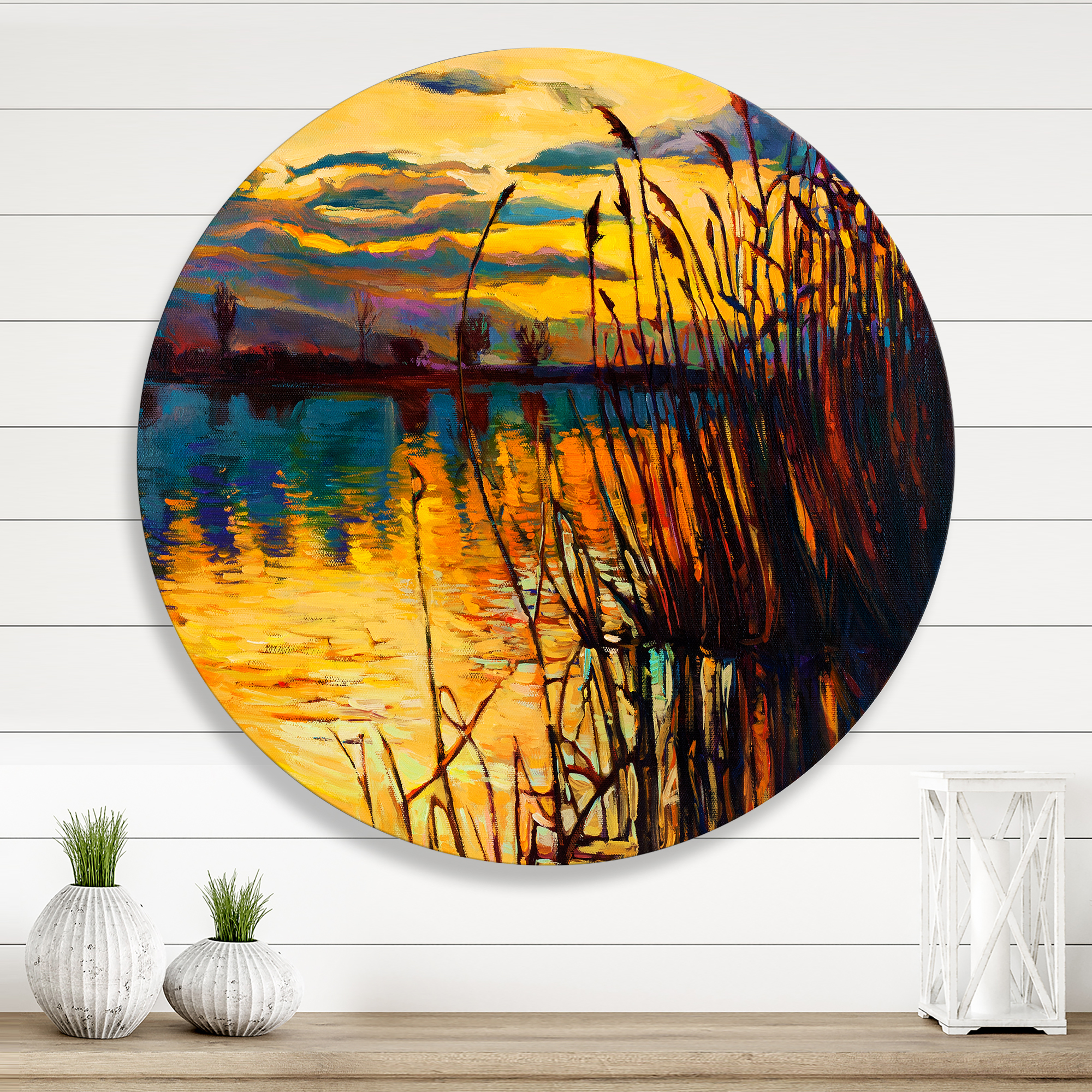 Designart 'Yellow Evening Glow Through The High Grass By The Lake' Nautical & Coastal Circle Metal Wall Art 23x23 - Disc of 23