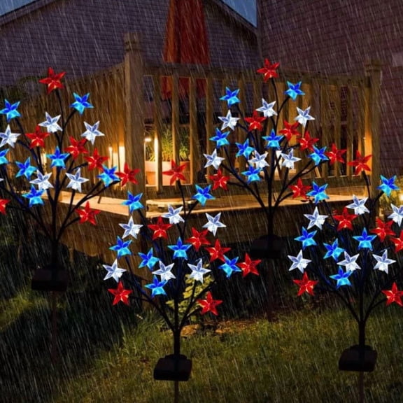 Solar 4th of July Decorations Outdoor Lights,Waterproof Solar Patriotic Red White and Blue Star Stake Lights,Led Patriotic Lights for Memorial Day,July 4th,Veterans Day Outside Decor,Warm White