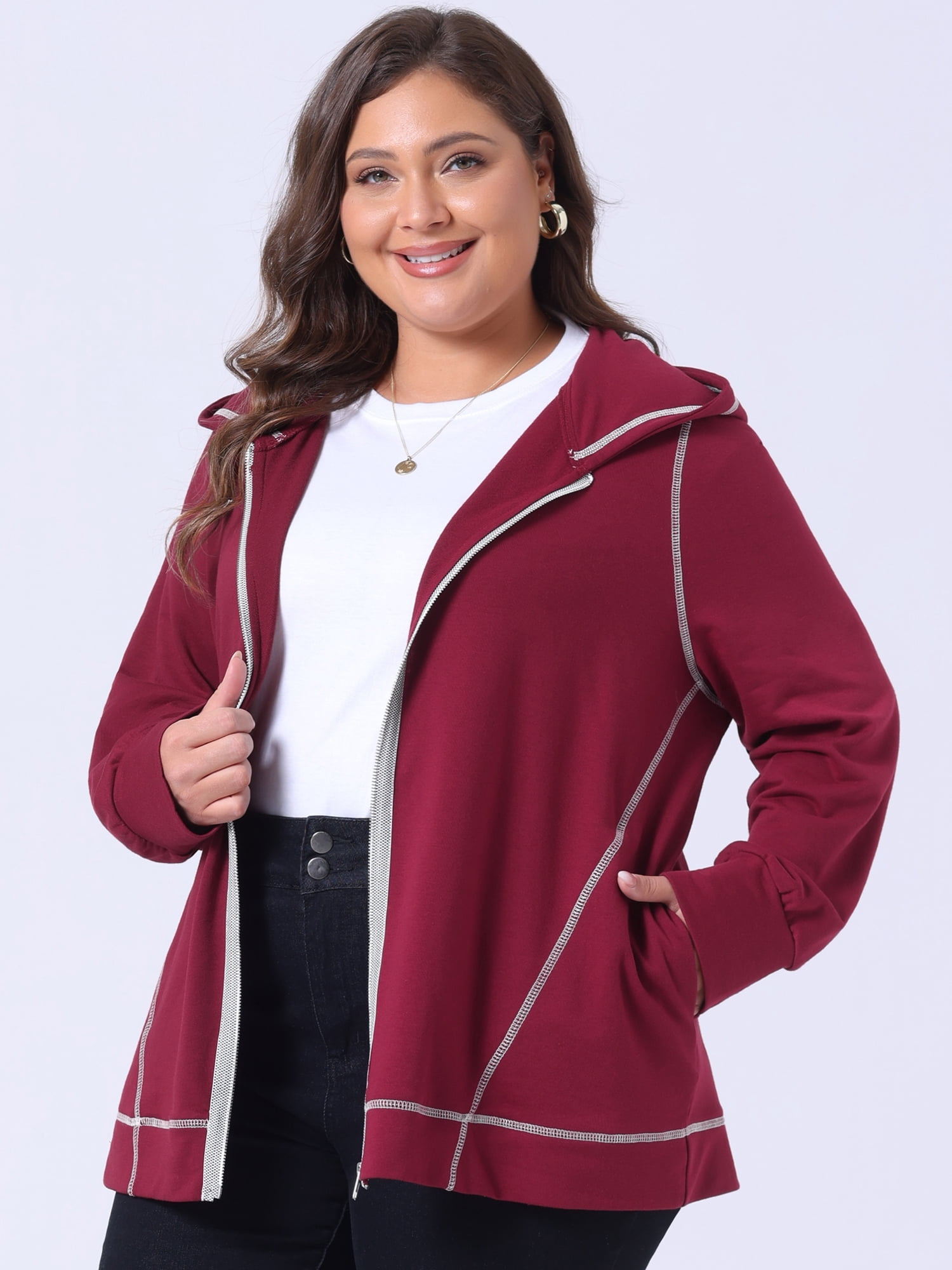 Unique Bargains Women's Plus Size Fleece Jacket Zip Front Hoodie 2X Burgundy