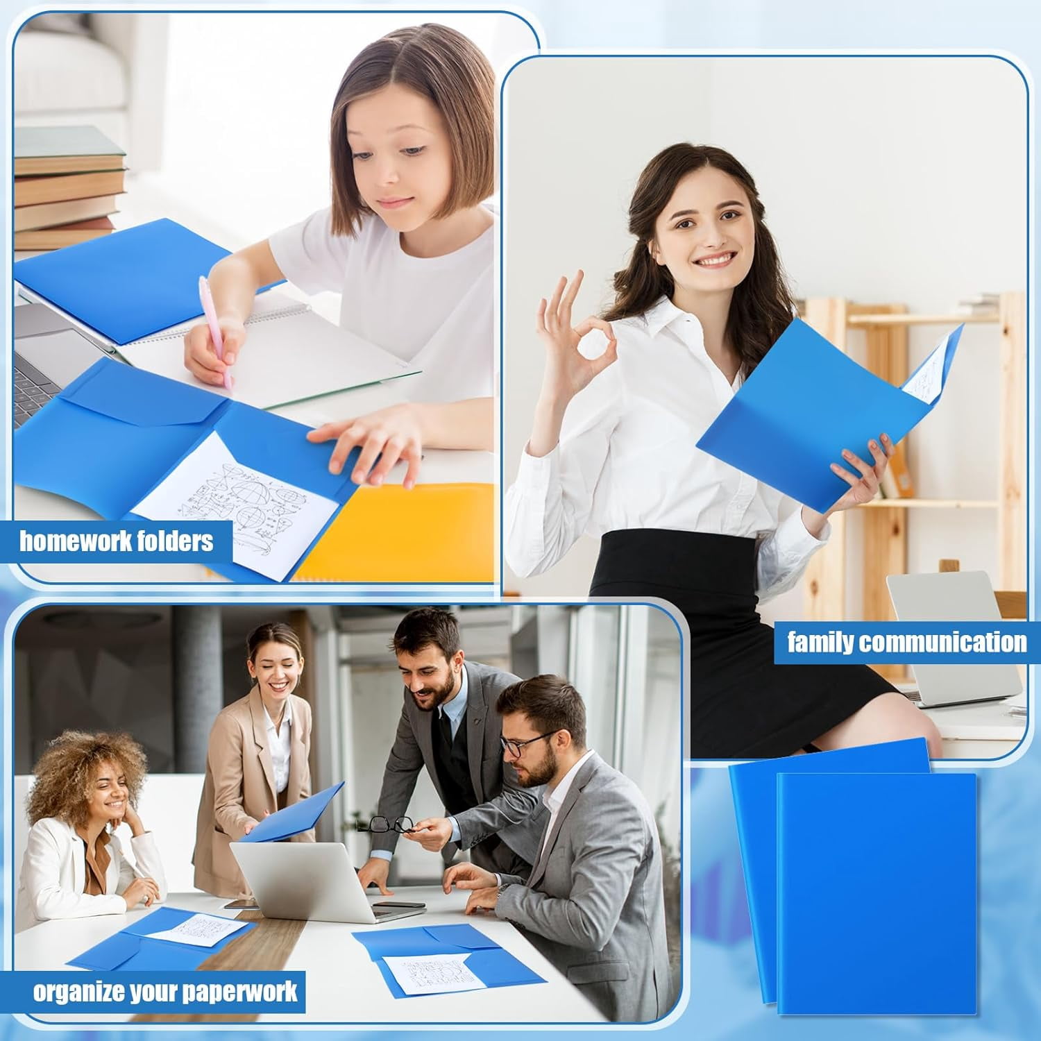 Heavy Duty Two Pocket Plastic Folders with Pockets, Letter Size School Office Folders, 11.61 x 9.45 Inches, Business Card Holder, Blue, 50 Pack