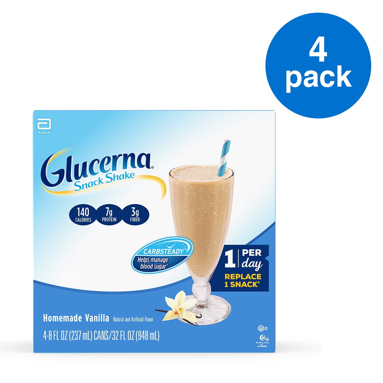 Glucerna Snack Shake, 4 Shakes, Diabetes Nutritional Shake with