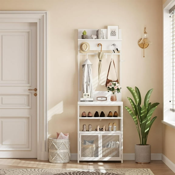 73" Coat Stand for Hallway, Coat Rack with Shoe Storage, Industrial Metal Frame Freestanding Hall Tree Organiser with Hooks & Metal Mesh Cabinet for Entryway, Bedroom, White