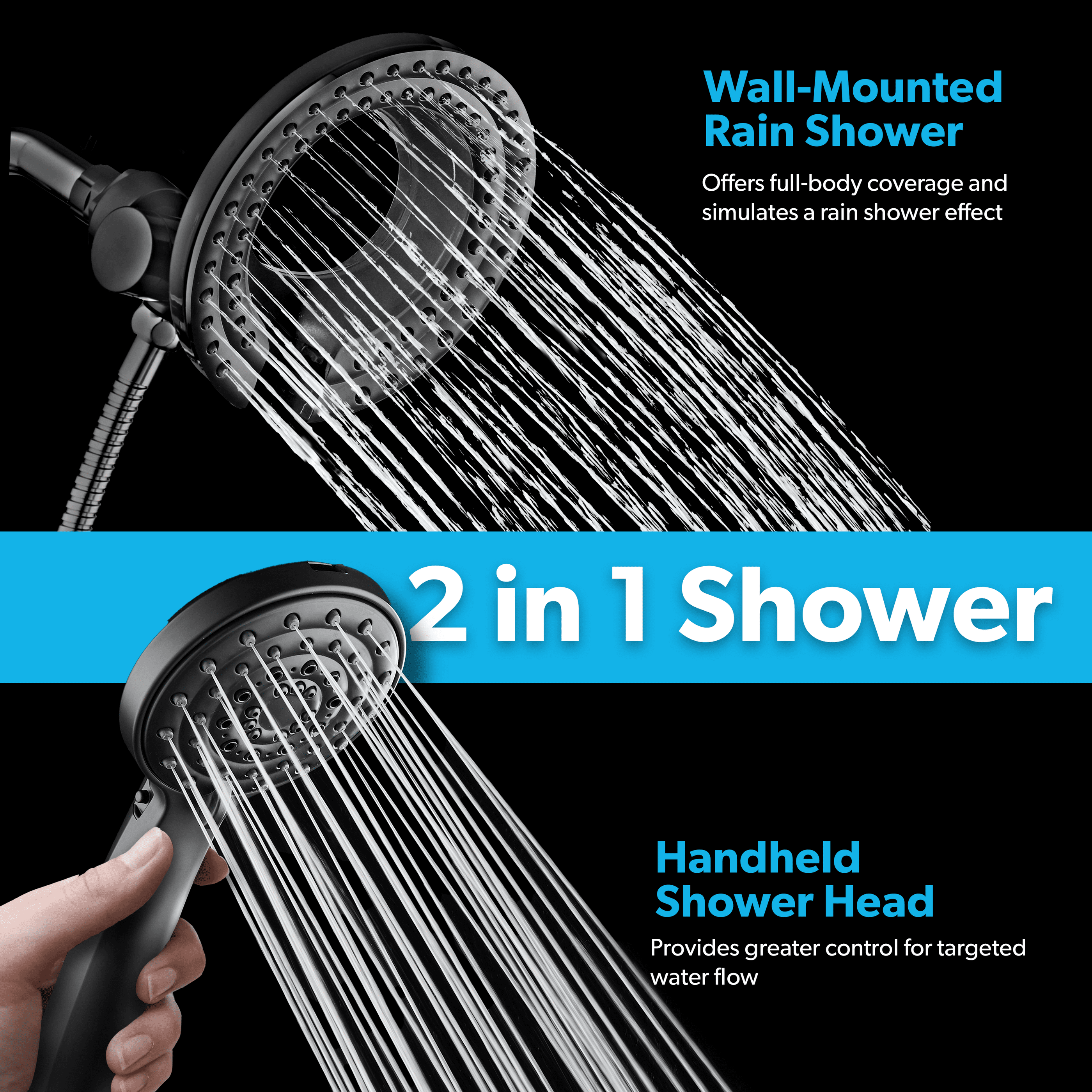 BLACK+DECKER Dual Shower Head with 5 Spray Settings and Detachable Wand and Stainless Steel Hose, Black