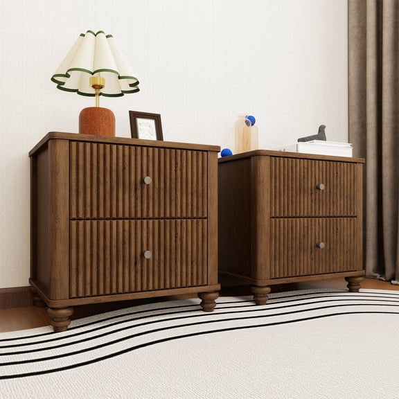 Fluted Nightstands Set of 2,Mid Century Modern Wood NightStand with 3 Drawers,Side Table with Storage for Farmhouse Bedroom Living Room Small Space,Walnut