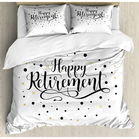 Retirement Party Queen Size Duvet Cover Set, Curlicue Style Hand-Written Saying Happy Retirement, Decorative 3 Piece Bedding Set with 2 Pillow Shams, Black White and Earth Yellow, by Ambesonne