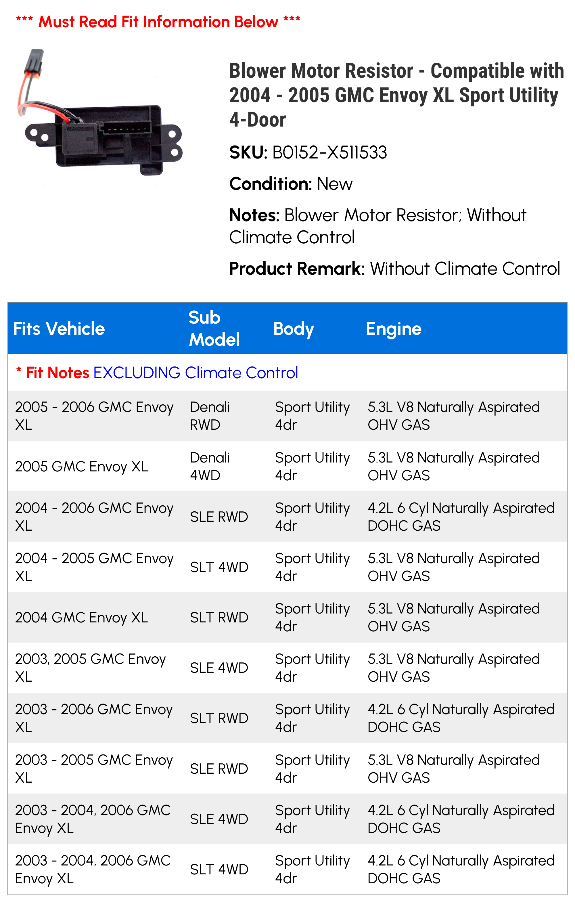Blower Motor Resistor - Compatible with 2004 - 2005 GMC Envoy XL Sport Utility 4-Door 2003 2006
