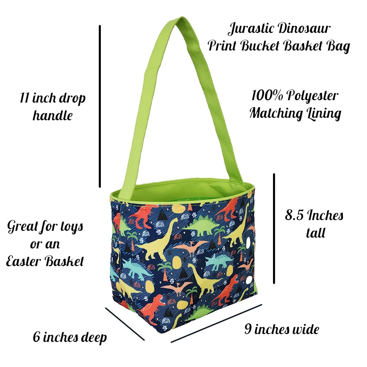 Dinosaur Easter Basket Bucket Fabric Tote Bag Toy Bin - Can Be Personalized or Monogrammed - Great Gift for Boy or Girl