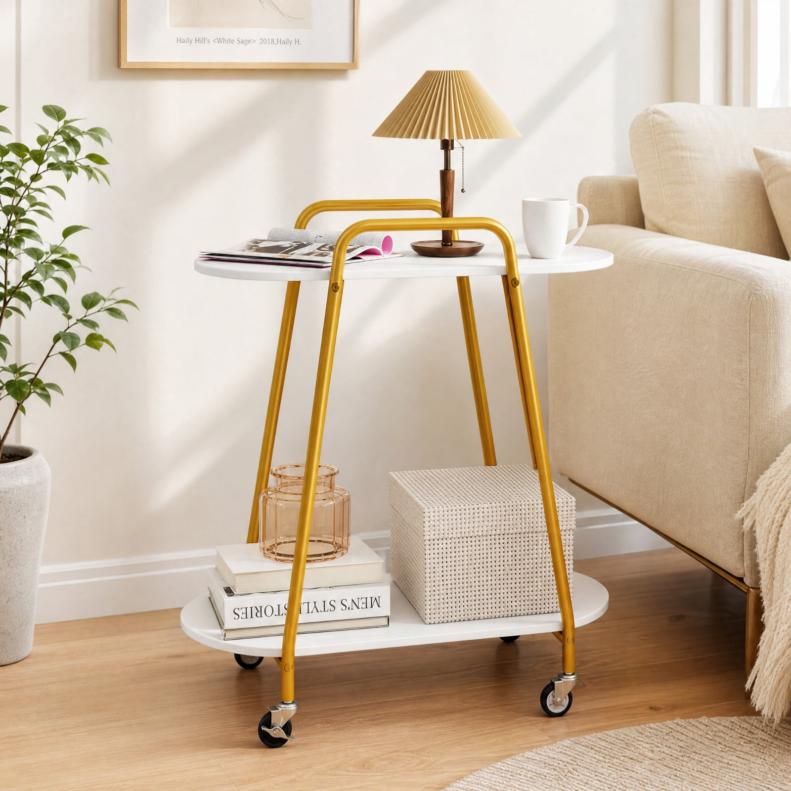 Furnibear 2 Tier Rolling End Table with Faux Marble Top and Lockable Wheels for Small Living Room Bedroom and Sofa Side, White