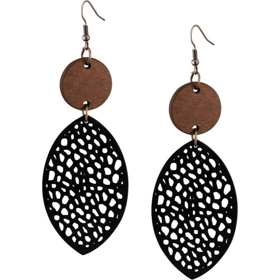 Bohemian Hollow Cut-Out Wood Leather Dangle Drop Earrings, Boho Chic Hippie Statement Jewelry Gift for Women